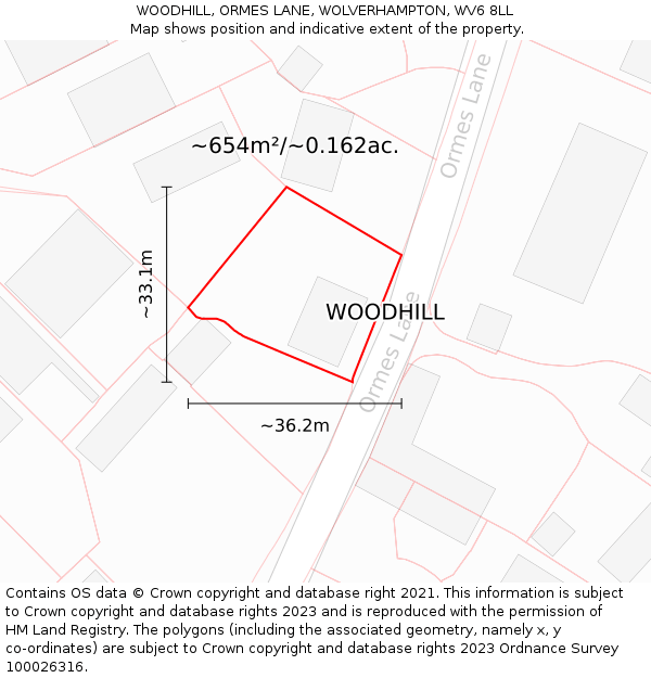 WOODHILL, ORMES LANE, WOLVERHAMPTON, WV6 8LL: Plot and title map