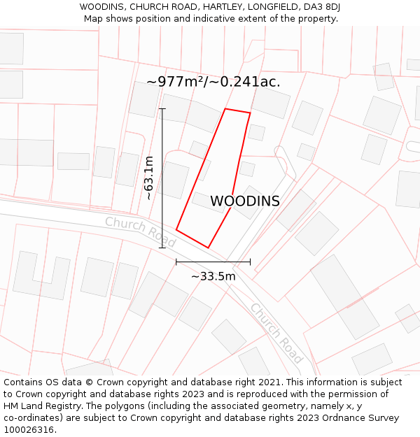 WOODINS, CHURCH ROAD, HARTLEY, LONGFIELD, DA3 8DJ: Plot and title map