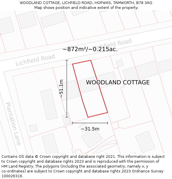 WOODLAND COTTAGE, LICHFIELD ROAD, HOPWAS, TAMWORTH, B78 3AG: Plot and title map