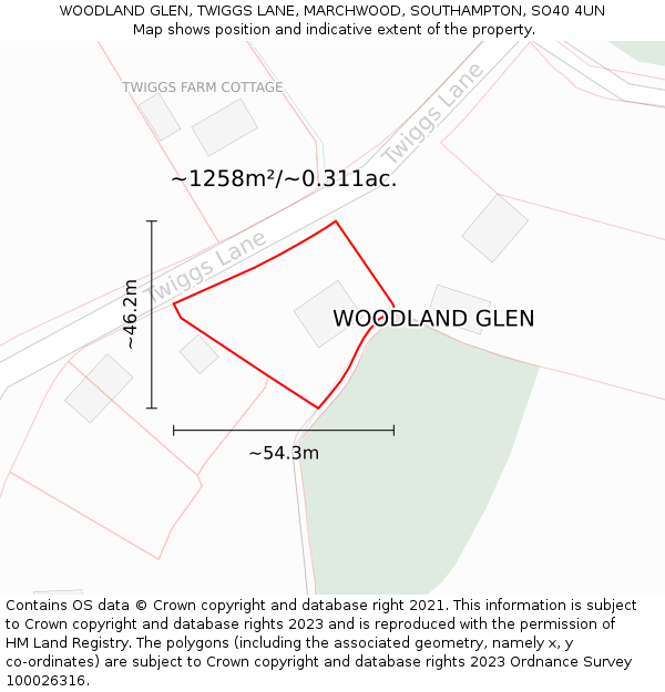 WOODLAND GLEN, TWIGGS LANE, MARCHWOOD, SOUTHAMPTON, SO40 4UN: Plot and title map