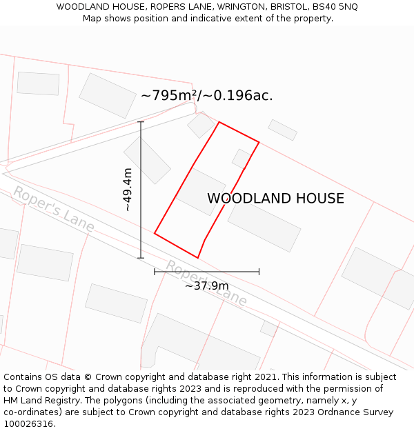 WOODLAND HOUSE, ROPERS LANE, WRINGTON, BRISTOL, BS40 5NQ: Plot and title map