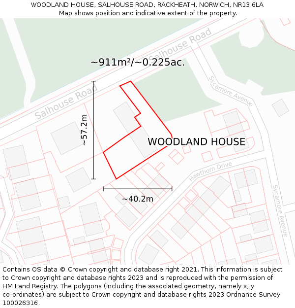WOODLAND HOUSE, SALHOUSE ROAD, RACKHEATH, NORWICH, NR13 6LA: Plot and title map