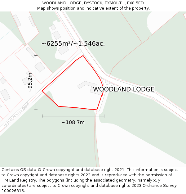 WOODLAND LODGE, BYSTOCK, EXMOUTH, EX8 5ED: Plot and title map