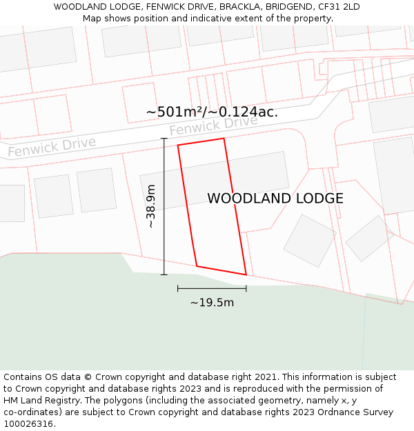 WOODLAND LODGE, FENWICK DRIVE, BRACKLA, BRIDGEND, CF31 2LD: Plot and title map