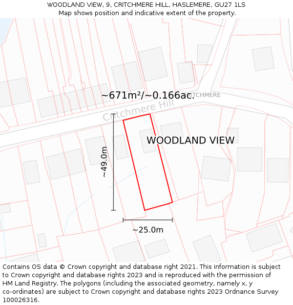 WOODLAND VIEW, 9, CRITCHMERE HILL, HASLEMERE, GU27 1LS: Plot and title map