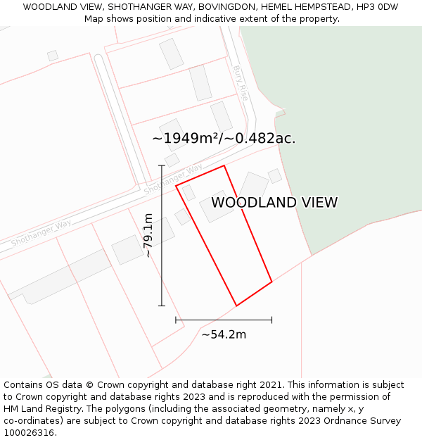 WOODLAND VIEW, SHOTHANGER WAY, BOVINGDON, HEMEL HEMPSTEAD, HP3 0DW: Plot and title map