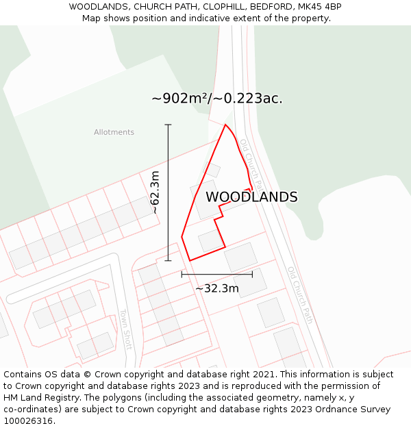 WOODLANDS, CHURCH PATH, CLOPHILL, BEDFORD, MK45 4BP: Plot and title map