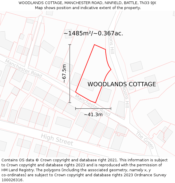 WOODLANDS COTTAGE, MANCHESTER ROAD, NINFIELD, BATTLE, TN33 9JX: Plot and title map