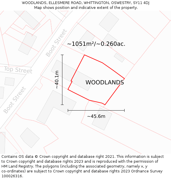 WOODLANDS, ELLESMERE ROAD, WHITTINGTON, OSWESTRY, SY11 4DJ: Plot and title map