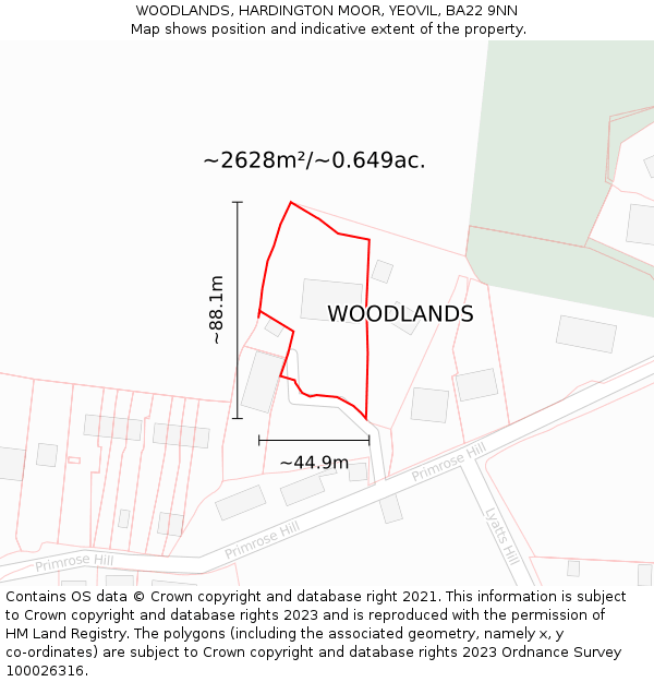 WOODLANDS, HARDINGTON MOOR, YEOVIL, BA22 9NN: Plot and title map
