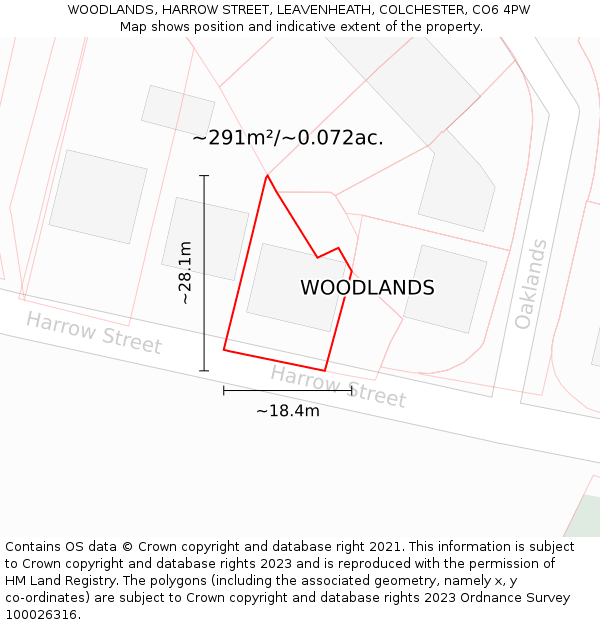 WOODLANDS, HARROW STREET, LEAVENHEATH, COLCHESTER, CO6 4PW: Plot and title map