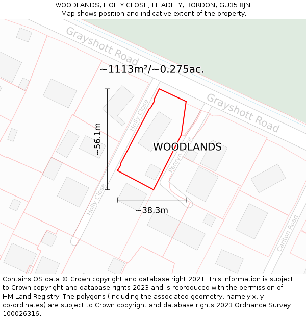 WOODLANDS, HOLLY CLOSE, HEADLEY, BORDON, GU35 8JN: Plot and title map