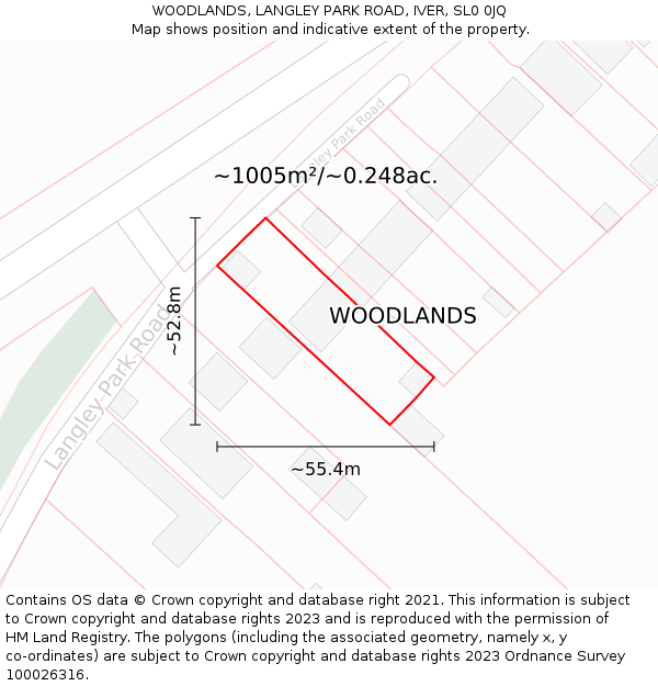 WOODLANDS, LANGLEY PARK ROAD, IVER, SL0 0JQ: Plot and title map