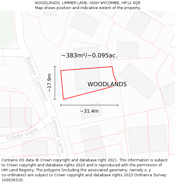 WOODLANDS, LIMMER LANE, HIGH WYCOMBE, HP12 4QR: Plot and title map