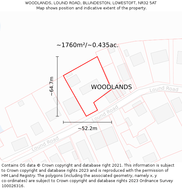 WOODLANDS, LOUND ROAD, BLUNDESTON, LOWESTOFT, NR32 5AT: Plot and title map