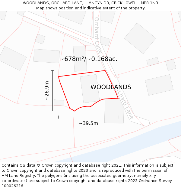 WOODLANDS, ORCHARD LANE, LLANGYNIDR, CRICKHOWELL, NP8 1NB: Plot and title map