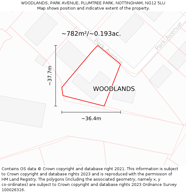 WOODLANDS, PARK AVENUE, PLUMTREE PARK, NOTTINGHAM, NG12 5LU: Plot and title map