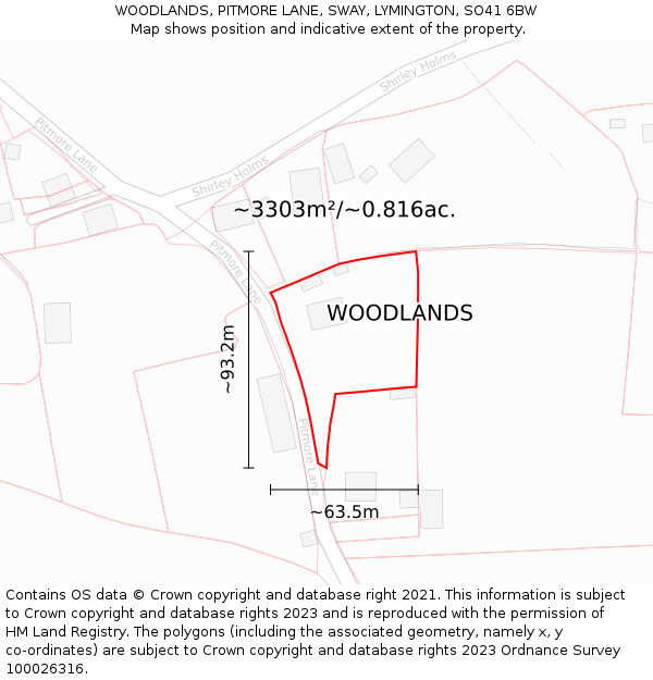 WOODLANDS, PITMORE LANE, SWAY, LYMINGTON, SO41 6BW: Plot and title map