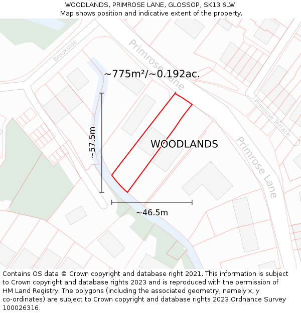 WOODLANDS, PRIMROSE LANE, GLOSSOP, SK13 6LW: Plot and title map