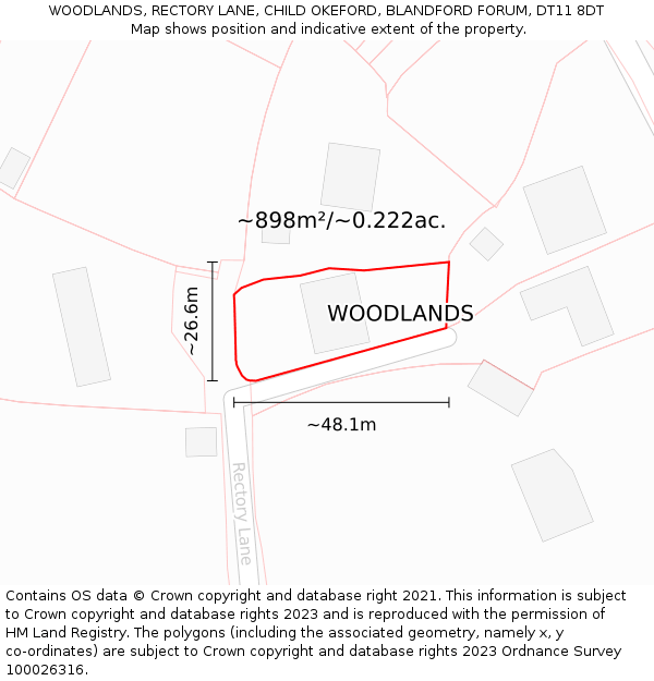 WOODLANDS, RECTORY LANE, CHILD OKEFORD, BLANDFORD FORUM, DT11 8DT: Plot and title map