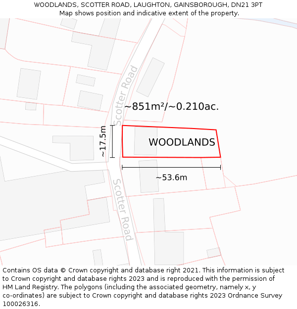 WOODLANDS, SCOTTER ROAD, LAUGHTON, GAINSBOROUGH, DN21 3PT: Plot and title map