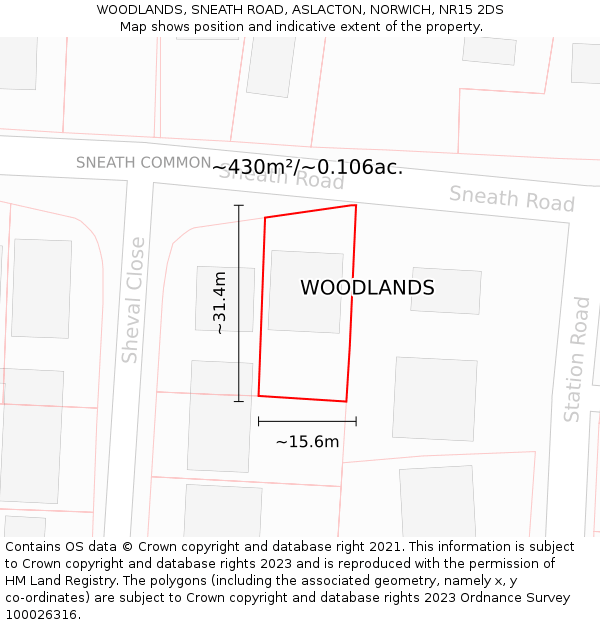 WOODLANDS, SNEATH ROAD, ASLACTON, NORWICH, NR15 2DS: Plot and title map