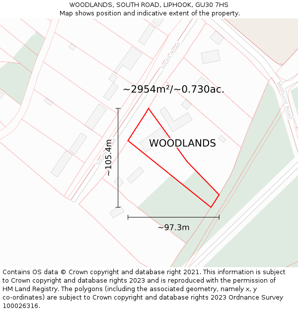 WOODLANDS, SOUTH ROAD, LIPHOOK, GU30 7HS: Plot and title map