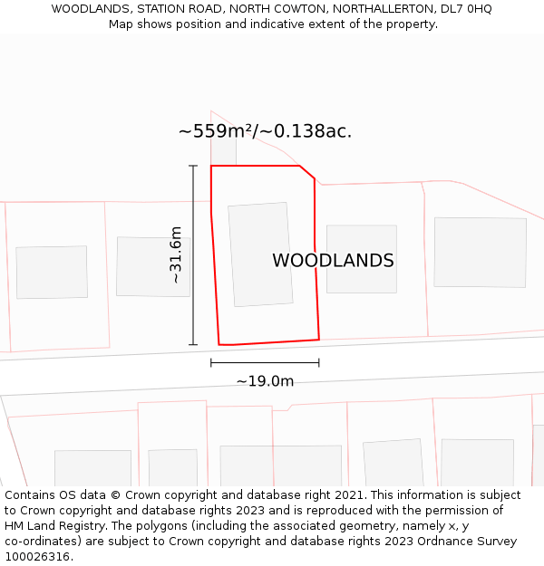 WOODLANDS, STATION ROAD, NORTH COWTON, NORTHALLERTON, DL7 0HQ: Plot and title map