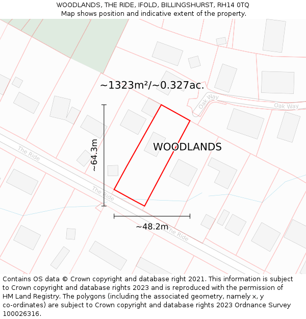 WOODLANDS, THE RIDE, IFOLD, BILLINGSHURST, RH14 0TQ: Plot and title map