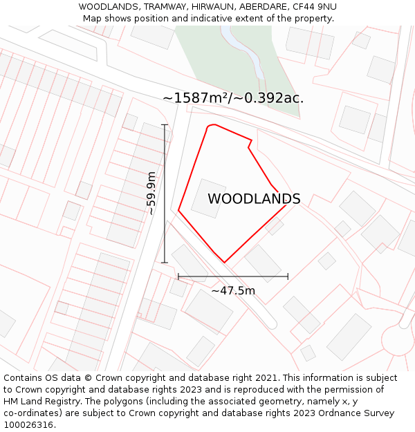 WOODLANDS, TRAMWAY, HIRWAUN, ABERDARE, CF44 9NU: Plot and title map