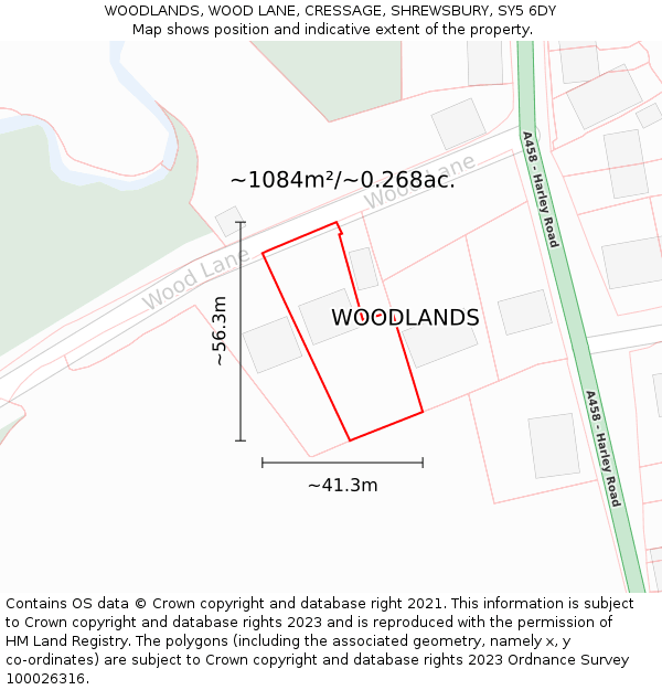 WOODLANDS, WOOD LANE, CRESSAGE, SHREWSBURY, SY5 6DY: Plot and title map