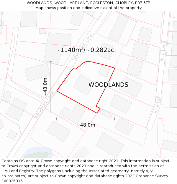 WOODLANDS, WOODHART LANE, ECCLESTON, CHORLEY, PR7 5TB: Plot and title map