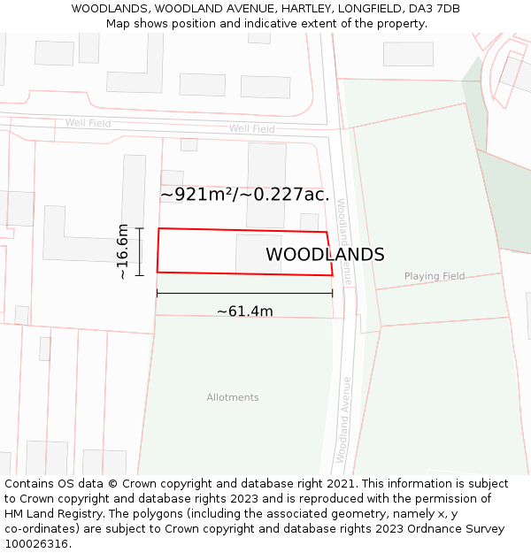 WOODLANDS, WOODLAND AVENUE, HARTLEY, LONGFIELD, DA3 7DB: Plot and title map