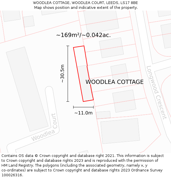 WOODLEA COTTAGE, WOODLEA COURT, LEEDS, LS17 8BE: Plot and title map