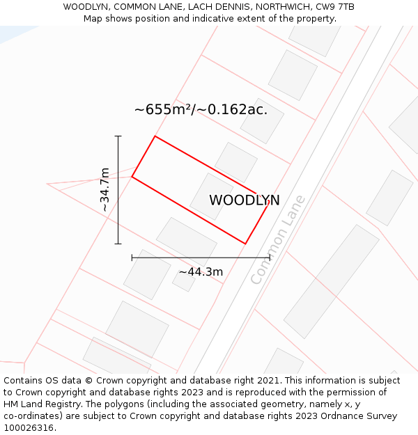 WOODLYN, COMMON LANE, LACH DENNIS, NORTHWICH, CW9 7TB: Plot and title map