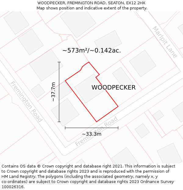 WOODPECKER, FREMINGTON ROAD, SEATON, EX12 2HX: Plot and title map
