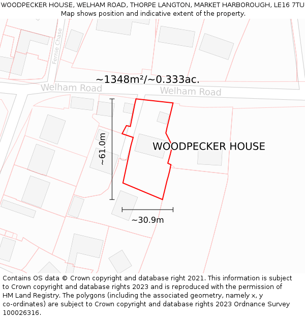 WOODPECKER HOUSE, WELHAM ROAD, THORPE LANGTON, MARKET HARBOROUGH, LE16 7TU: Plot and title map