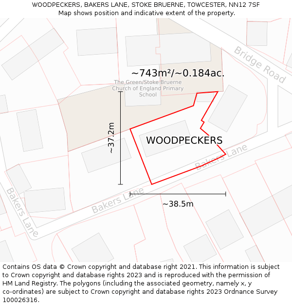 WOODPECKERS, BAKERS LANE, STOKE BRUERNE, TOWCESTER, NN12 7SF: Plot and title map