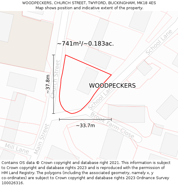 WOODPECKERS, CHURCH STREET, TWYFORD, BUCKINGHAM, MK18 4ES: Plot and title map