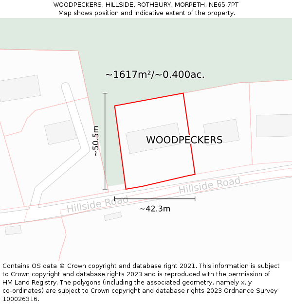 WOODPECKERS, HILLSIDE, ROTHBURY, MORPETH, NE65 7PT: Plot and title map