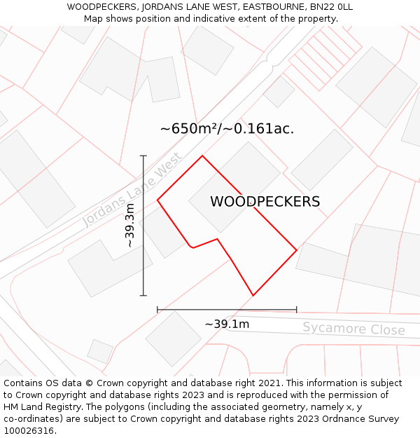 WOODPECKERS, JORDANS LANE WEST, EASTBOURNE, BN22 0LL: Plot and title map
