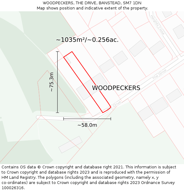 WOODPECKERS, THE DRIVE, BANSTEAD, SM7 1DN: Plot and title map