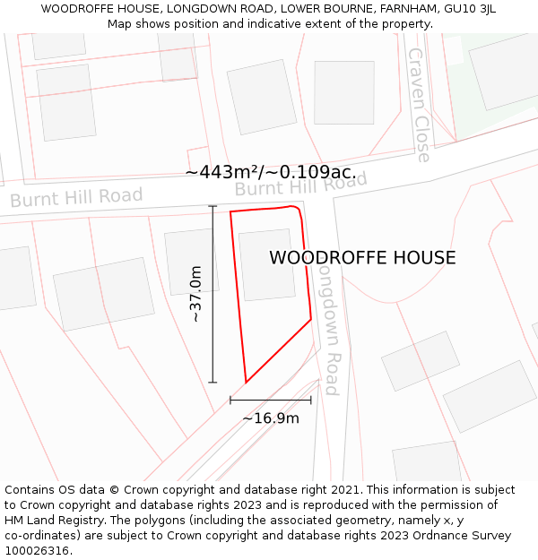 WOODROFFE HOUSE, LONGDOWN ROAD, LOWER BOURNE, FARNHAM, GU10 3JL: Plot and title map