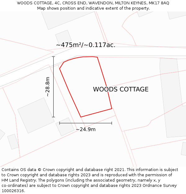 WOODS COTTAGE, 4C, CROSS END, WAVENDON, MILTON KEYNES, MK17 8AQ: Plot and title map