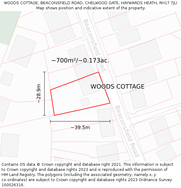 WOODS COTTAGE, BEACONSFIELD ROAD, CHELWOOD GATE, HAYWARDS HEATH, RH17 7JU: Plot and title map