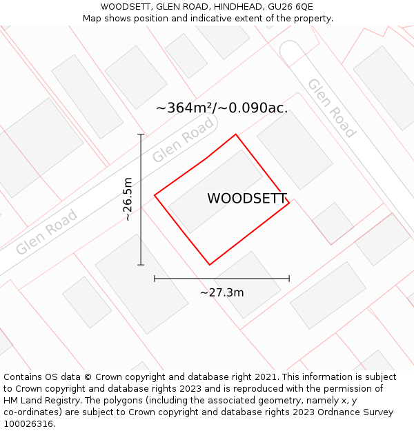 WOODSETT, GLEN ROAD, HINDHEAD, GU26 6QE: Plot and title map