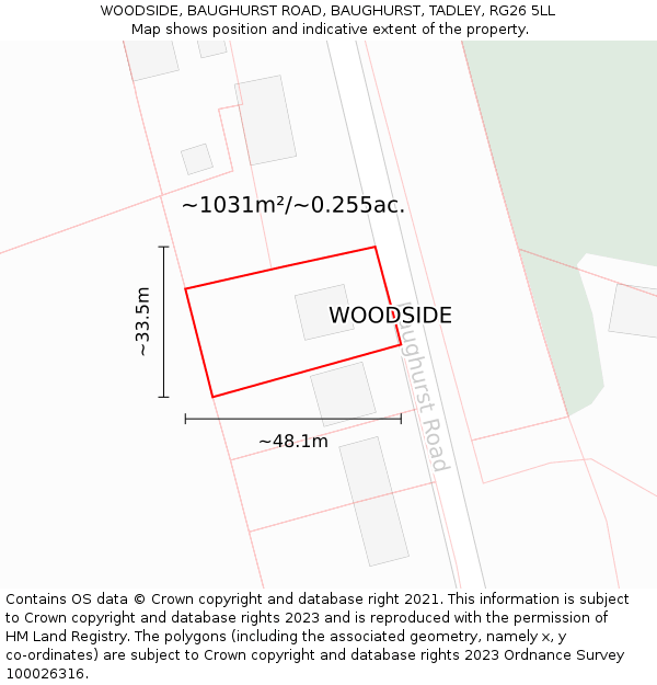 WOODSIDE, BAUGHURST ROAD, BAUGHURST, TADLEY, RG26 5LL: Plot and title map