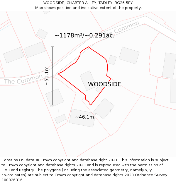 WOODSIDE, CHARTER ALLEY, TADLEY, RG26 5PY: Plot and title map