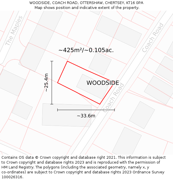 WOODSIDE, COACH ROAD, OTTERSHAW, CHERTSEY, KT16 0PA: Plot and title map