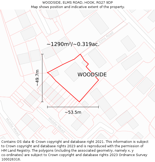 WOODSIDE, ELMS ROAD, HOOK, RG27 9DP: Plot and title map